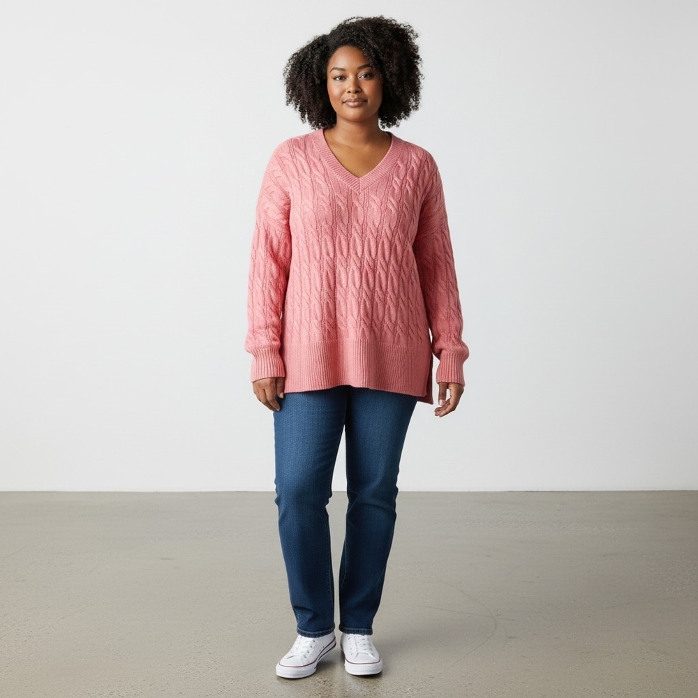 Jones New York Women's Cable Knit Blush Pink V-neck Long Sleeve Sweater  Size XL